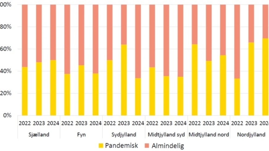Figur 1: Fordeling af influenzatyper i regionerne i Danmark (2022, 2023 og 2024) Kilde: Foreløbig opgørelse over influenzaprøver udført i danske grisebesætninger