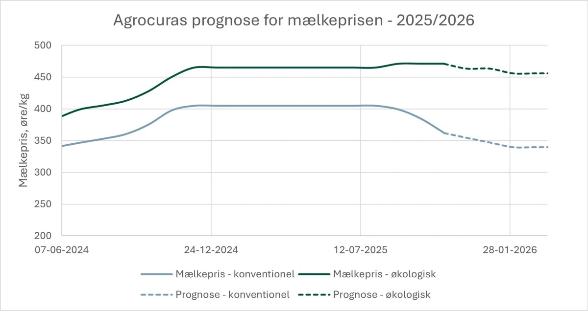 Figur 1: Agrocuras forventning til udviklingen i den økologiske mælkepris de kommende måneder. 