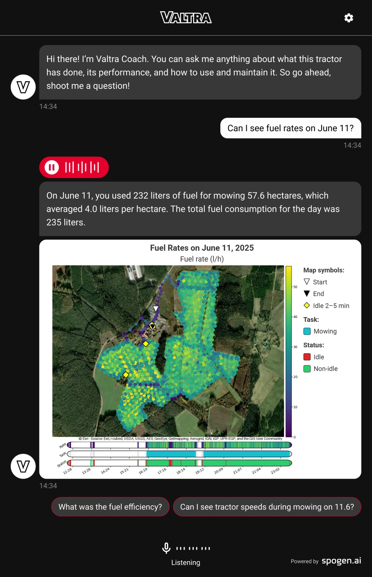 Et eksempel på Coach-funktionens visuelle feedback. Telemetridata omsættes til kort og farvemarkeringer, der viser køremønster, tomgang og brændstofforbrug i realtid. Brugeren kan få adgang til data for specifikke opgaver, tidspunkter og redskaber direkte på skærmen eller mobilen, uden at skulle gennemgå tekniske logfiler.