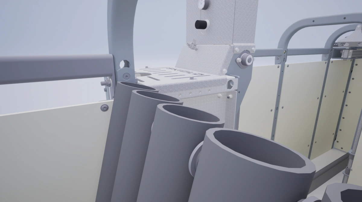 Skiold ESF foderstationen er designet uden skarpe kanter og vinkler, så risikoen for, at søerne pådrager sig skader, er mindsket. Her close-up af udgangspartiet. Illustration: Skiold. 