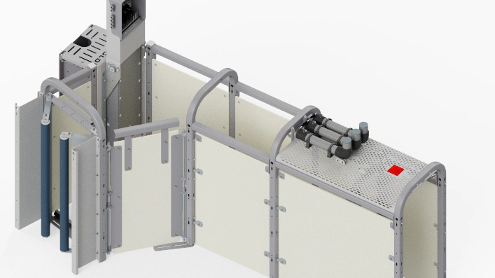 Den nye Skiold ESF foderstation er modulopbygget i et vendbart design med forskellige udgange, så den er nem at passe ind i bestående staldanlæg. Her er den vist med sidevendt udgang. Foderstationen fås i to bredder, nemlig 470 og 520 millimeter, så søer i forskellige størrelser kan bevæge sig frit og ubesværet igennem den. Illustration: Skiold.