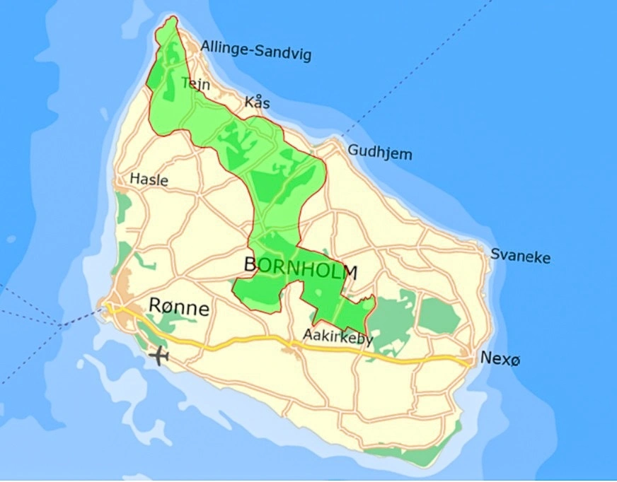 Det er en betydelig del af Bornholm, der efter planen skal indgå i naturprojektet Det Bornholmske Højland fra nordspidsen ned mod Almindingen. Kort: Bornholms Regionskommune (KortInfo/Niras)