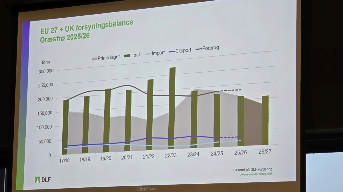 Lagrene af græsfrø (grå zone) forventes at falde yderligere frem i 2026/27. 