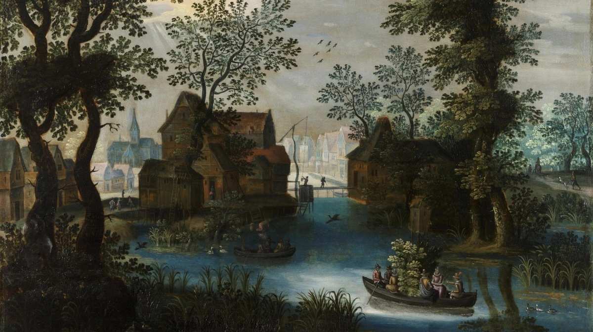 »Landsby ved kanal med mole og kirke«, ca 1627-1620. Af Jagtscenemesteren. Slots- og Kulturstyrelsen.