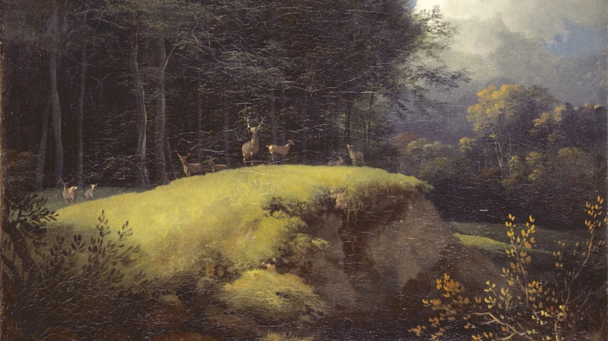 »Skovinteriør med hjorte, efter regnvejr«, 1783-87. Af Jens Juel. Ny Carlsberg Glyptotek