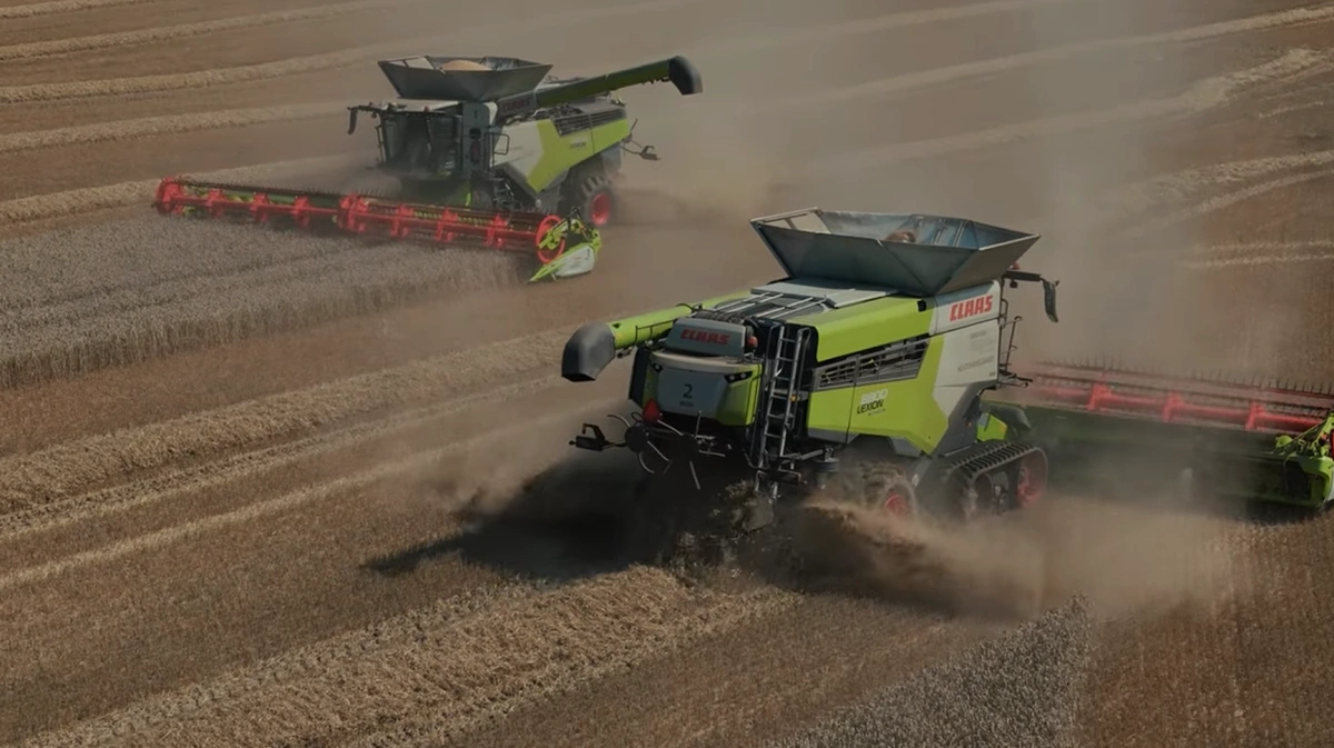 De to LEXION 8800 TT hos Hestehavegaard Agro er valgt til både frøafgrøder og korn – her i arbejde under hvedehøsten.