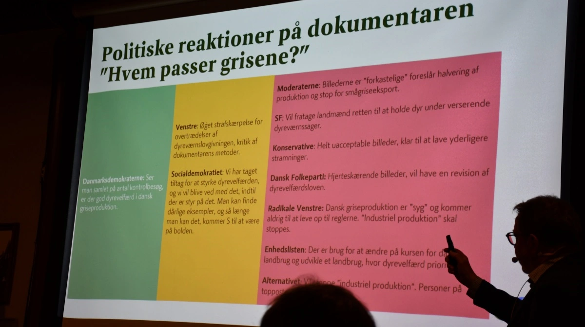 Per Olsen præsenterede de fremmødte for nogle af de politiske reaktioner efter den seneste TV 2-dokumentar »Hvem passer på grisene«.