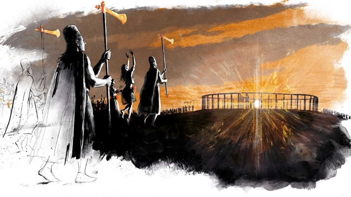 Blandt årets fund er den forhistoriske tømmercirkel Stenildgårdcirklen, der blev fundet forud for udstykning af et boligområde i Aars. Dette er en rekonstruktionstegning af, hvordan Stenildgårdcirklen kan have set ud i bronzealderen. Illustration: Sune Elskær.