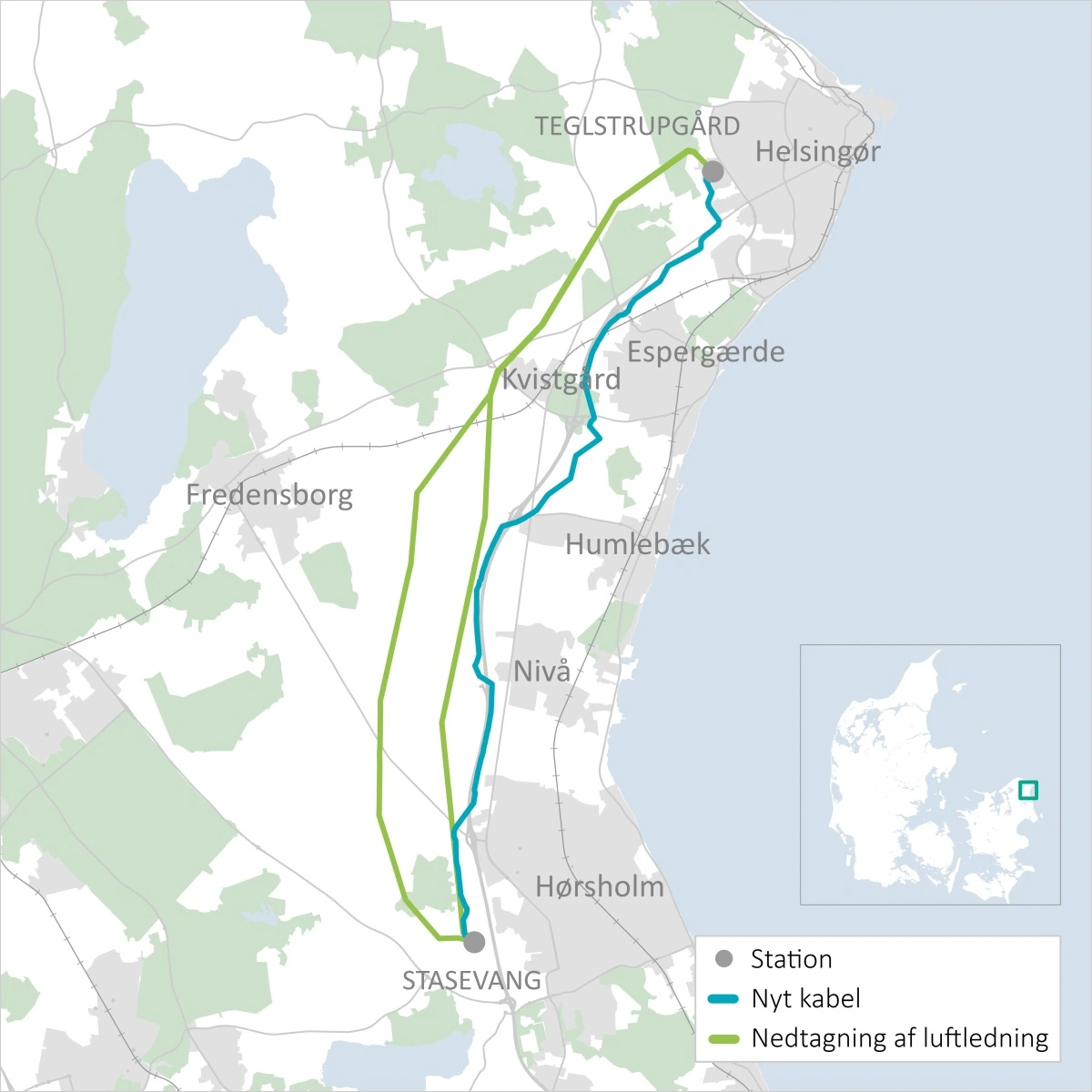 Som det fremgår af kortet her, bliver den nye ledning rykket mod øst, og bliver dermed mere bynær. 