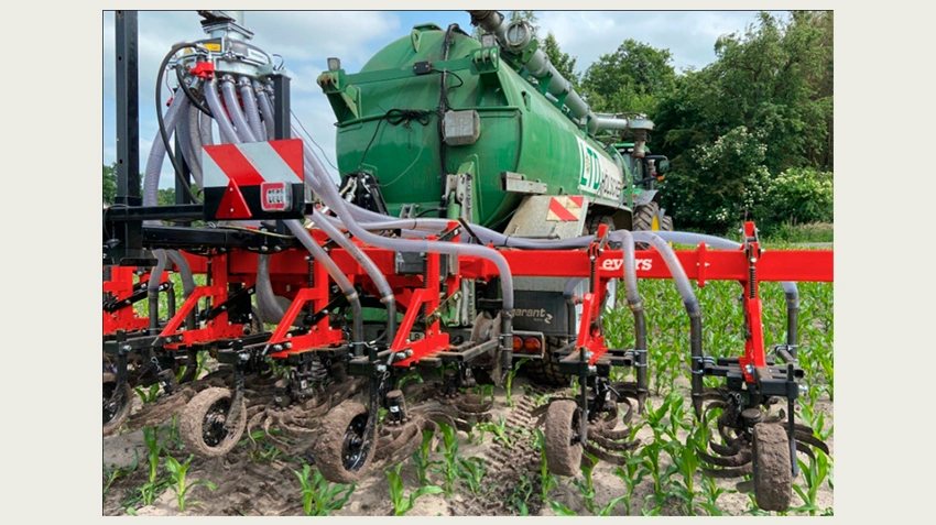 Billedet viser en Evers Inter-row crop injector, som nedmulder gylle mellem majsrækkerne i vækstperioden. Foto: Seges Innovation