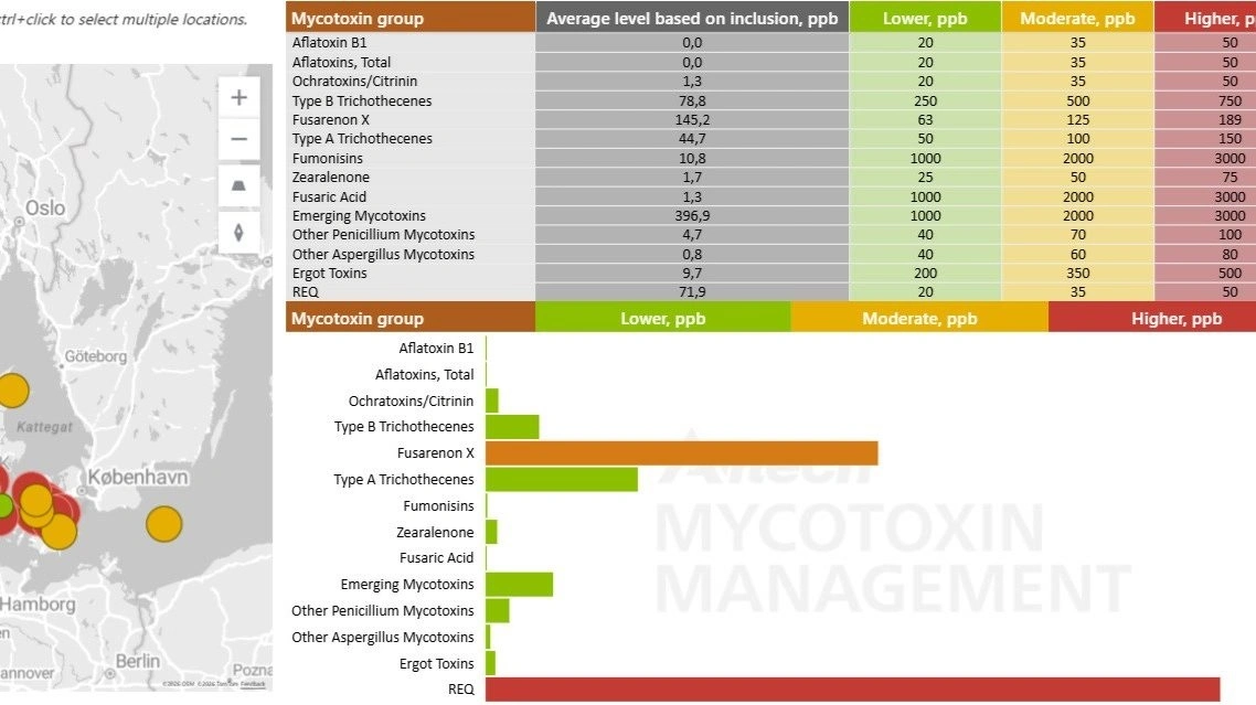 Der er fundet bekymrende mængder af mykotoksiner i prøver over hele landet. Her er det byg til grise, som pga. af det samlede billede af mykotoksiner når et højt risikoniveau på Alltechs skala. Kilde: Alltech