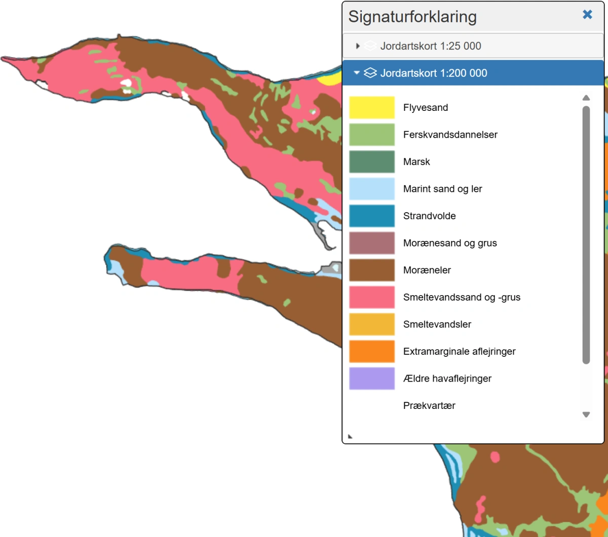 Røsnæs består fortrinsvis af sand og grus, der afløses af moræneler længere inde i landet. Kilde: data.geus.dk 