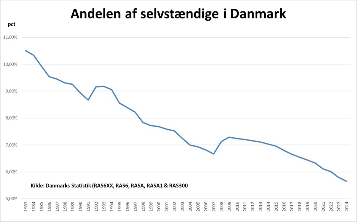 Bemærkning: Selvstændige dækker her over selvstændige uden medarbejdende ægtefæller. Overgang til eIndkomst som kilde i 2008, medfører en mindre stigning i antallet af personer, der er opgjort som selvstændige som den  primære beskæftigelse. 