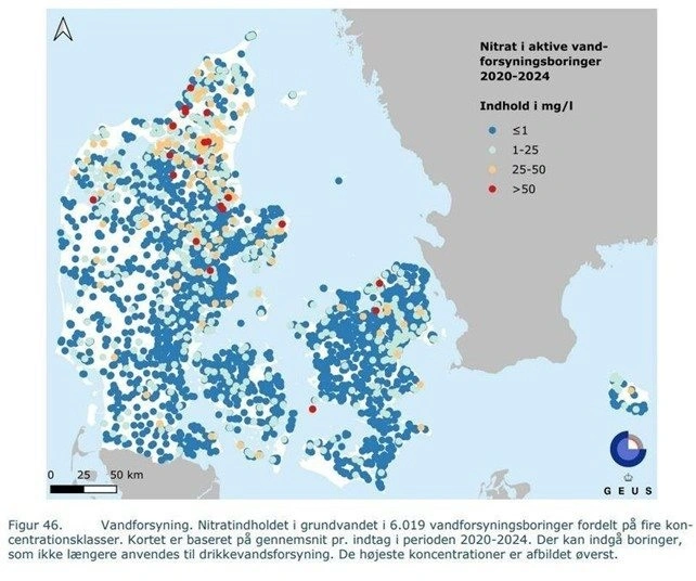 Kortet der skulle være brugt i TV2s ”Topmødet” “Grundvandsovervågning: Status og udvikling 1989-2024”. 