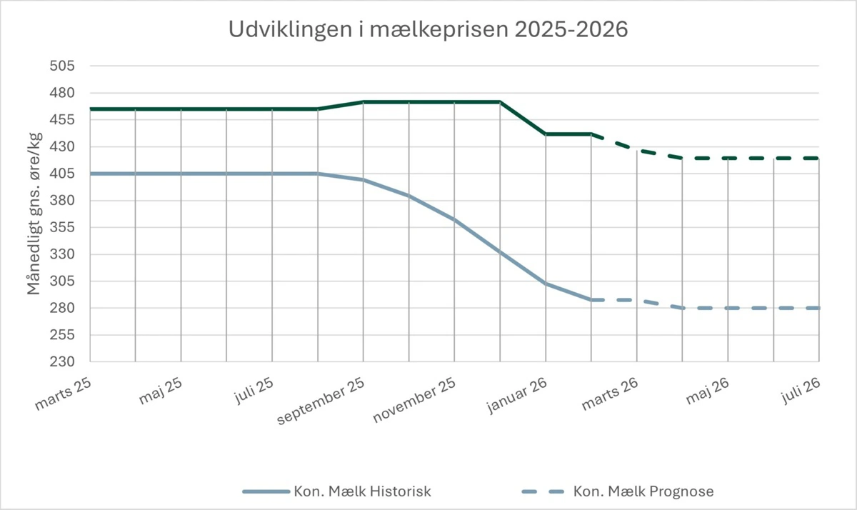 Figur 1. Agrocuras forventning til udviklingen i den økologiske mælkepris i de kommende måneder. 