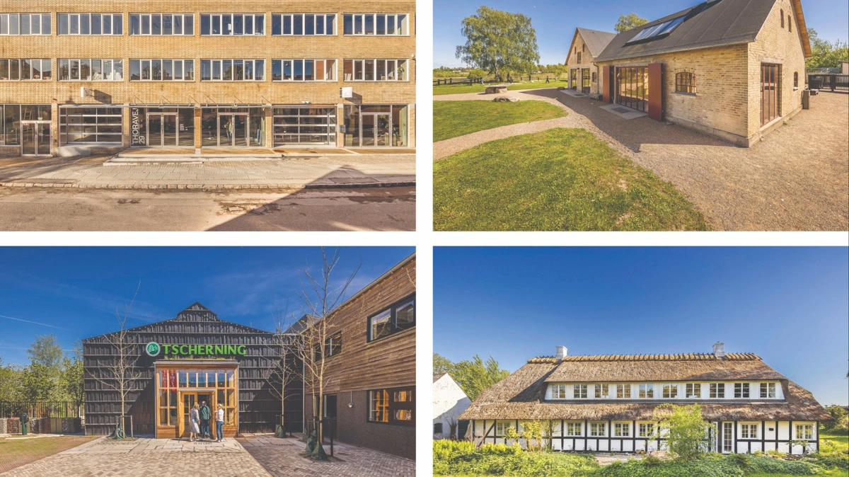 Her ses de seneste to års vinderprojekter: til venstre Thoravej 29 i København (2025) og Tscherninghuset i Hedehusene (2024), der vandt hovedprisen, samt til højre Det Fælles Mødested Tarup-Davinde (2025) og Lydinge Aagård (2024), begge tæt ved Odense, der modtog Specialprisen. Pressefoto
