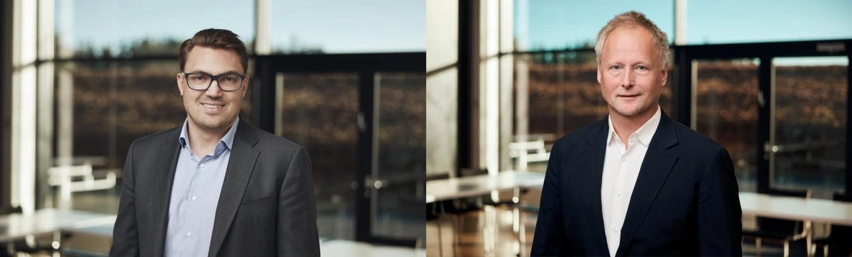 Da Anders H. Nørgaard stoppede efter 12 år på posten, overtog Michael Hyldgaard (tv) og Søren Bredvig (th) posten som delte adm. direktører i FirstFarms i juni 2025.