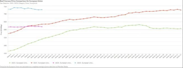 Figur 1: Udviklingen i de gennemsnitlige oksekødspriser i 2025 og 2026 for ungtyre (rød og blå) og køer (grøn og lyserød). Kilde: Agridata.ec.europa 
