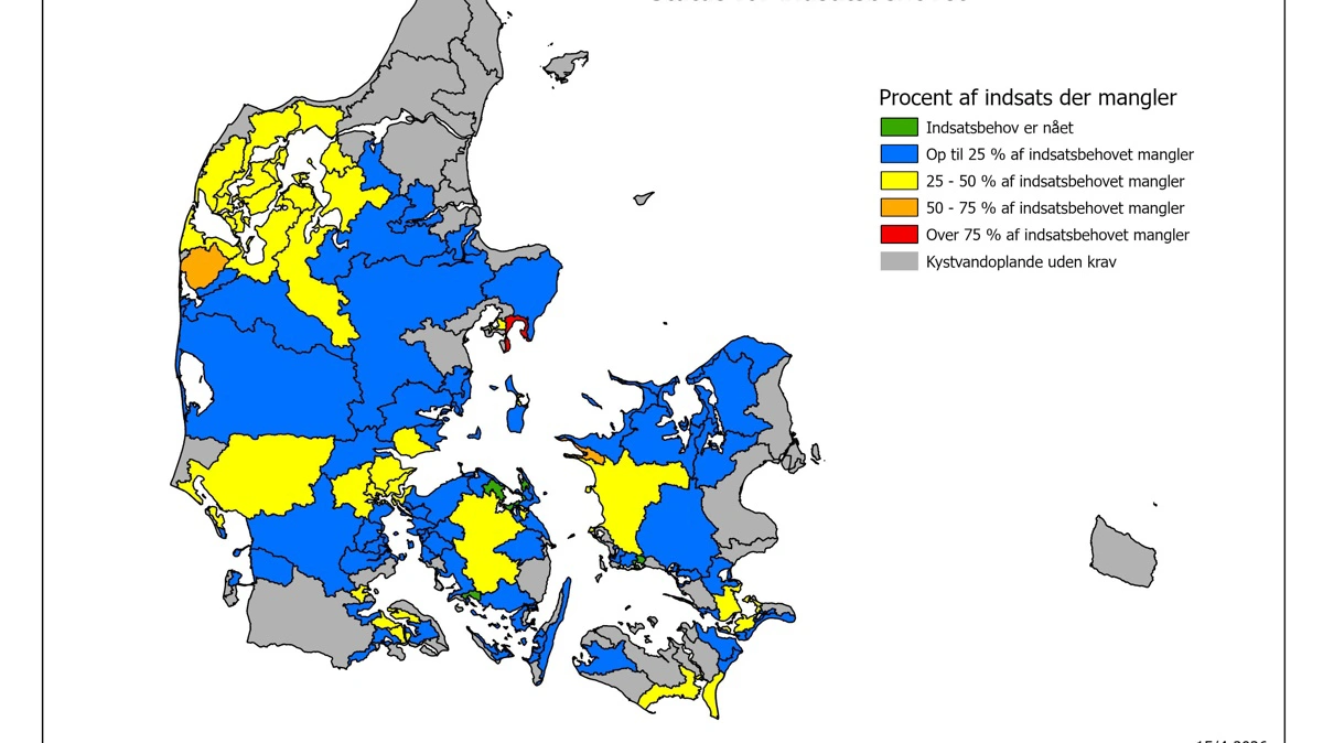 Indsatsbehovet for målrettede efterafgrøder opgjort af Styrelsen for Grøn Arealomlægning og Vandmiljø pr. 15. april. Illustration: SGAV