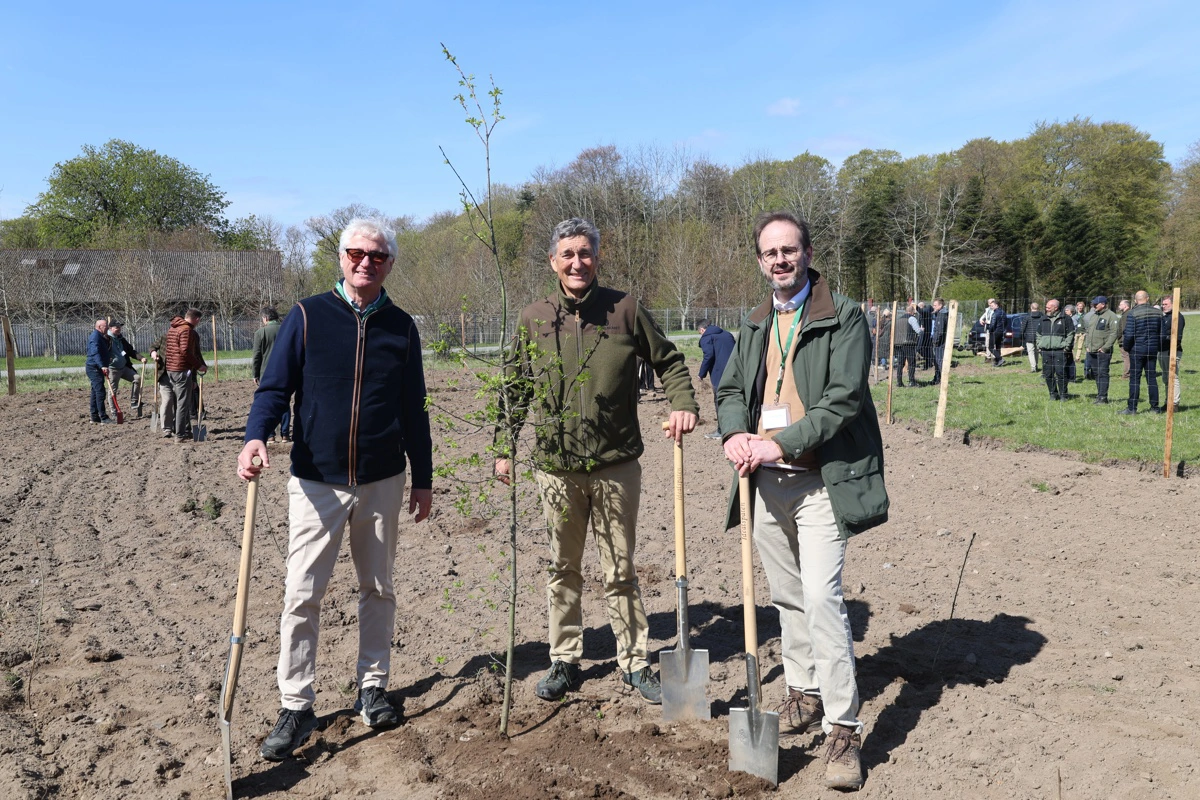Fra venstre: Hedeselskabets bestyrelsesformand Jørgen Skeel, repræsentantskabsformand Janus Skak Olufsen og adm. direktør Torben Friis Lange var sammen med repræsentantskabet og gæster med til at plante 160 træer ved Hindsgavl Slot nær Middelfart, hvor Hedeselskabets årsmøde blev holdt, for at markere selskabets 160-års jubilæum.