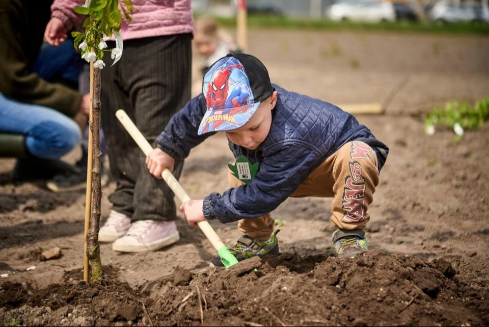 Tilbage i maj 2025 var lokale børn med, da skovens første træer ved Øster Toreby på Lolland blev plantet. Foto: Signe Goldmann/Klimaskovfonden