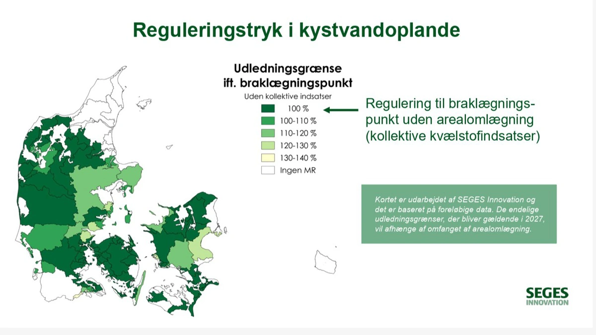 Seges Innovation har udarbejdet et kort, der er baseret på foreløbige data – en prognose af reguleringstrykket uden kollektive virkemidler.