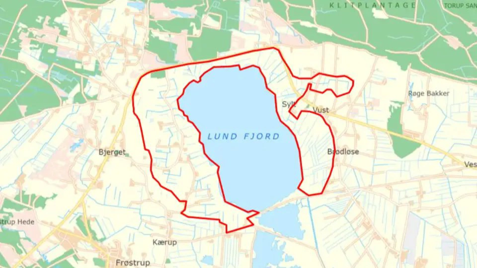 Det 631 hektar store område omkrandser Lund Fjord, der ligger på grænsen mellem Thisted og Jammerbugt Kommune i Nordvestjylland. Illustration: Thisted Kommune