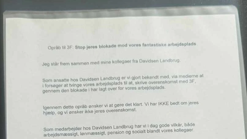 »Opråb til 3F: Stop jeres blokade mod vores fantastiske arbejdsplads«. Sådan lyder indledningen i et fælles opfordring, som medarbejderne hos Davidsen Landbrug, er gået sammen om at forfatte til 3F. Privatfoto