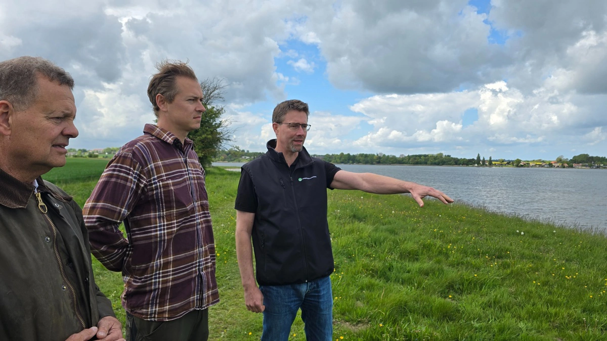- Vi støder ind i en lang række andre love og hensyn – i vores tilfælde især den 300 meter strandbeskyttelseslinje – der har prioritet før vores ønske om at etablere forskellige virkemidler såsom minivådområder, fastslår Jakob Stausholm (tv) her sammen med sin forpagter, Casper Rolighed (i midten) og udtagningskonsulent Mikael Samsøe. Fotos: Jørgen P. Jensen 