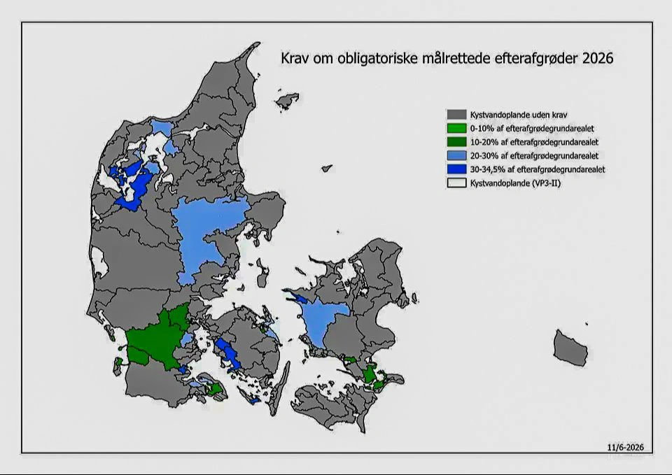 De obligatoriske krav er fordelt på 20 kystvandoplande rundt omkring i Danmark. Kilde: Styrelsen for Grøn Arealanvendelse og Vandmiljø.