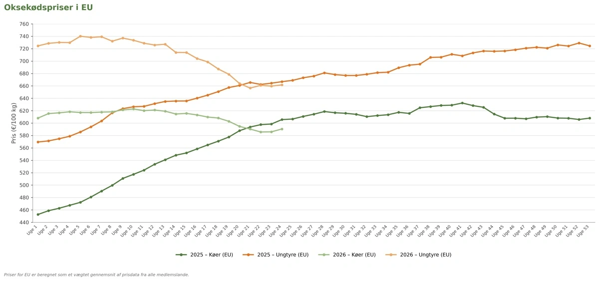 Figur 1: Udviklingen i de gennemsnitlige afregningspriser i EU i 2026 for kategorierne ungtyre og køer. Kilde: Agridata.ec.europa 