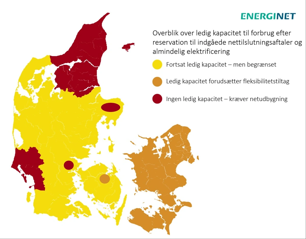 Energinets kort viser, hvor der kan blive pres på eltransmissionsnettet frem mod 2036, når både en fordobling af det almindelige elforbrug og allerede reserveret kapacitet til store projekter regnes med. De røde områder har ingen ledig kapacitet uden netudbygning, mens orange områder kræver fleksibilitetstiltag. Kilde: Energinet