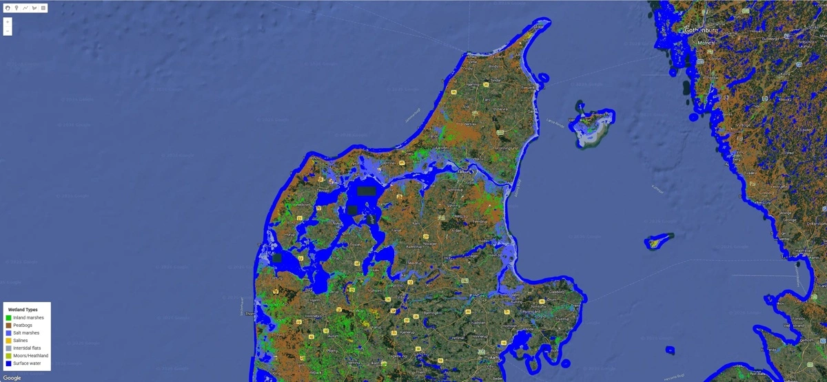 Det digitale kort over vådområder viser seks typer af vådområder helt ned i 10 meters opløsning, hvor de forskellige farver angiver typen af vådområde. Screenshot: Københavns Universitet 