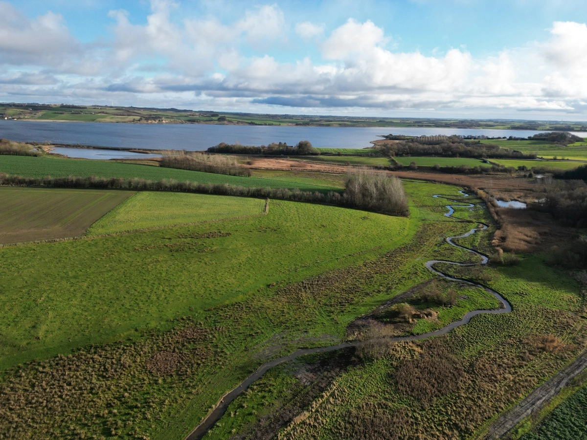 Luftfoto af Nørkær Å, hvor et lodsejerinitiativ er blevet realiseret med genslyngning af åen og etablering af nye naturarealer.