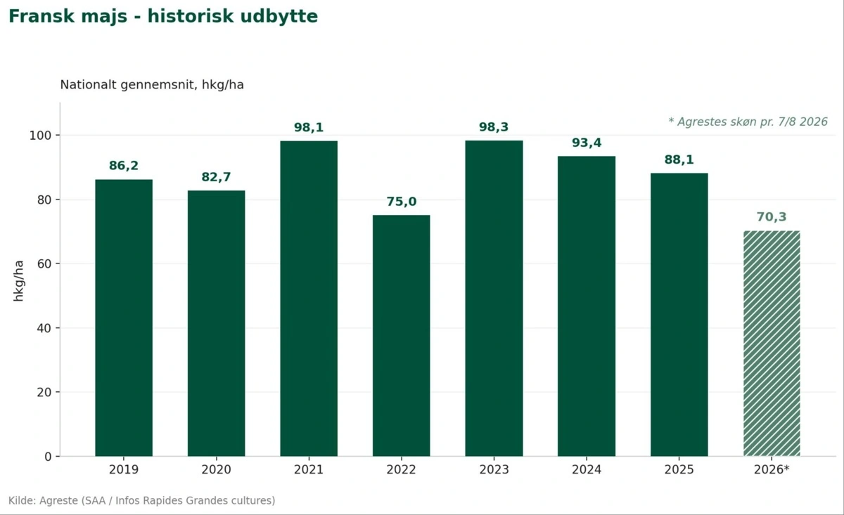 Tidligere års udbytter samt forventning til udbyttet af fransk majs i indeværende år ifølge det internationale prisrapporterings- og markedsanalysefirma Agreste.