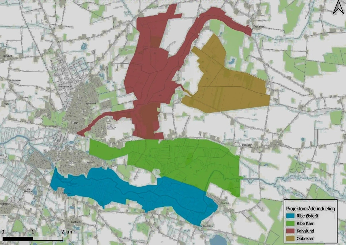 Projektområdet øst for Ribe er opdelt i fire delområder: Ribe Østerå, Ribe Kær, Kalvslund og Obbekær. Tilsammen dækker de cirka 2.040 hektar. Kort: Naturstyrelsen.