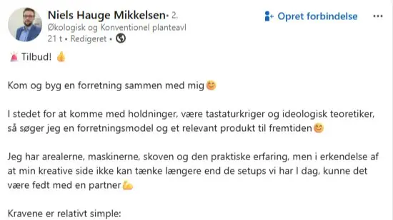 Niels Hauge Mikkelsen har slået sin efterlysning op på Facebook og LinkedIn, som det ses her.