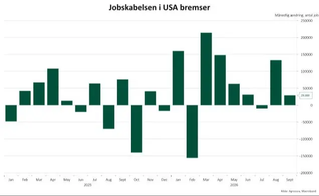 Den månedlige ændring i antallet af beskæftigede uden for landbruget i USA. Tallene er sæsonkorrigerede.