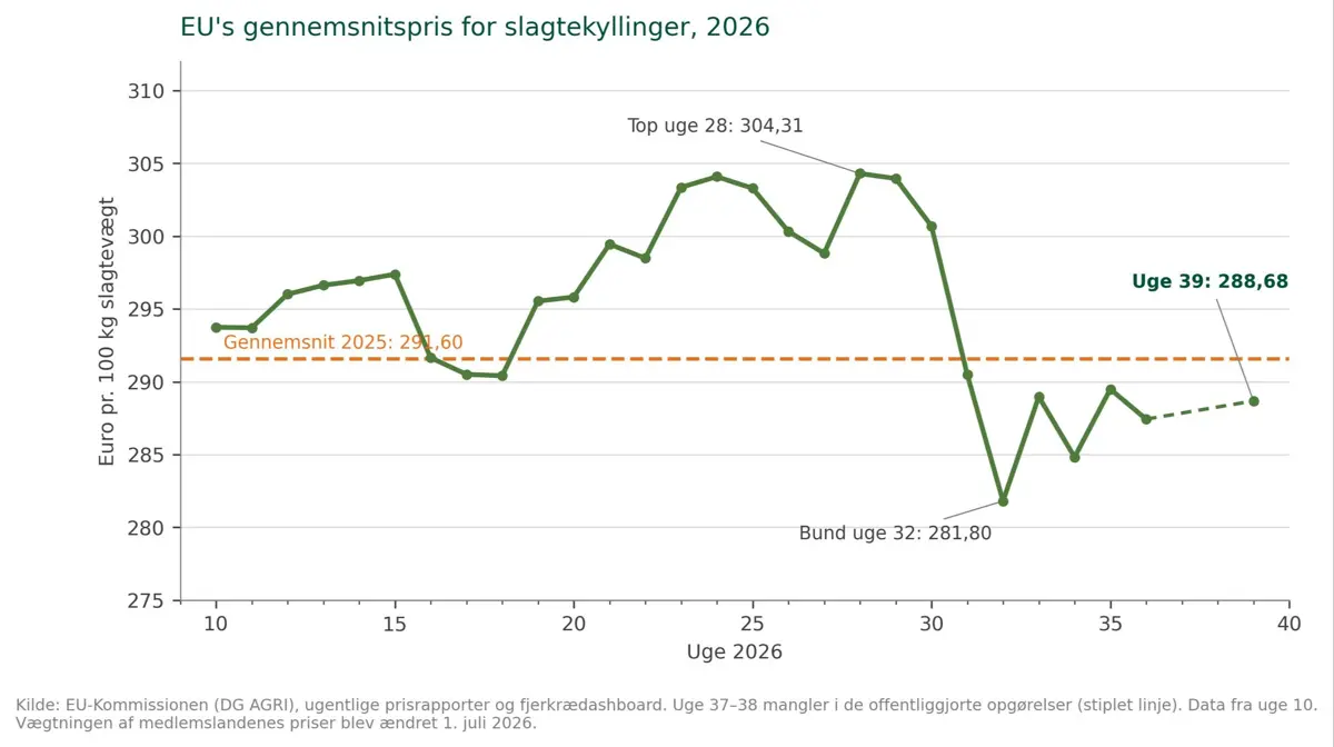 Figur 1. Ugentlig gennemsnitspris for slagtekyllinger i EU (euro pr. 100 kg slagtevægt). Prisen toppede i starten af juli og er siden faldet. Kilde: EU-Kommissionen.