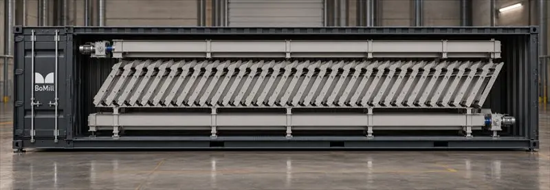 BoMill InSight HiFlex er bygget ind i en 40-fods container. Her er der tale om en AI-version af BoMills egen 3D-model af anlægget. Foto: BoMill