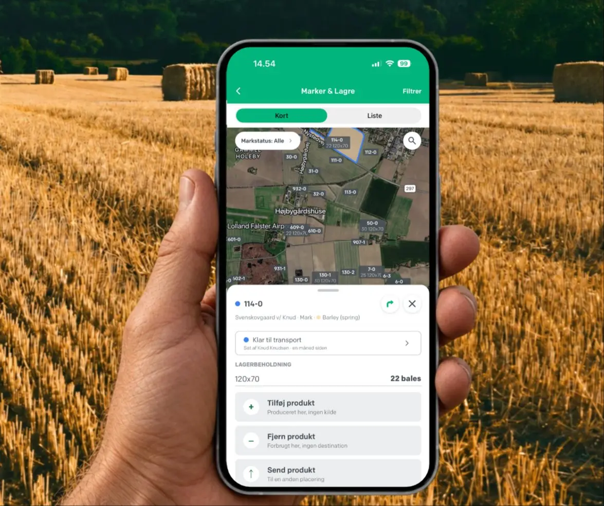 Med FarmBackups kortbaserede lagerstyring registreres halm og wrap
direkte på markkortet, lige når marken er presset. Foto: FarmBackup