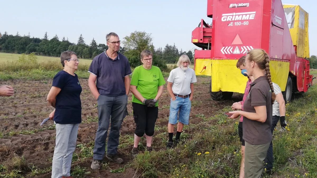 Tirsdag fortalte økologirådgiver Anne Eriksen (tv) blandt andet om forebyggelse af kartoffelskimmel i økologisk kartoffelproduktion, da knap 20 økologiske kartoffelavlere besøgte Martin Ravn (nr. 2 fra venstre) ved Hovborg.