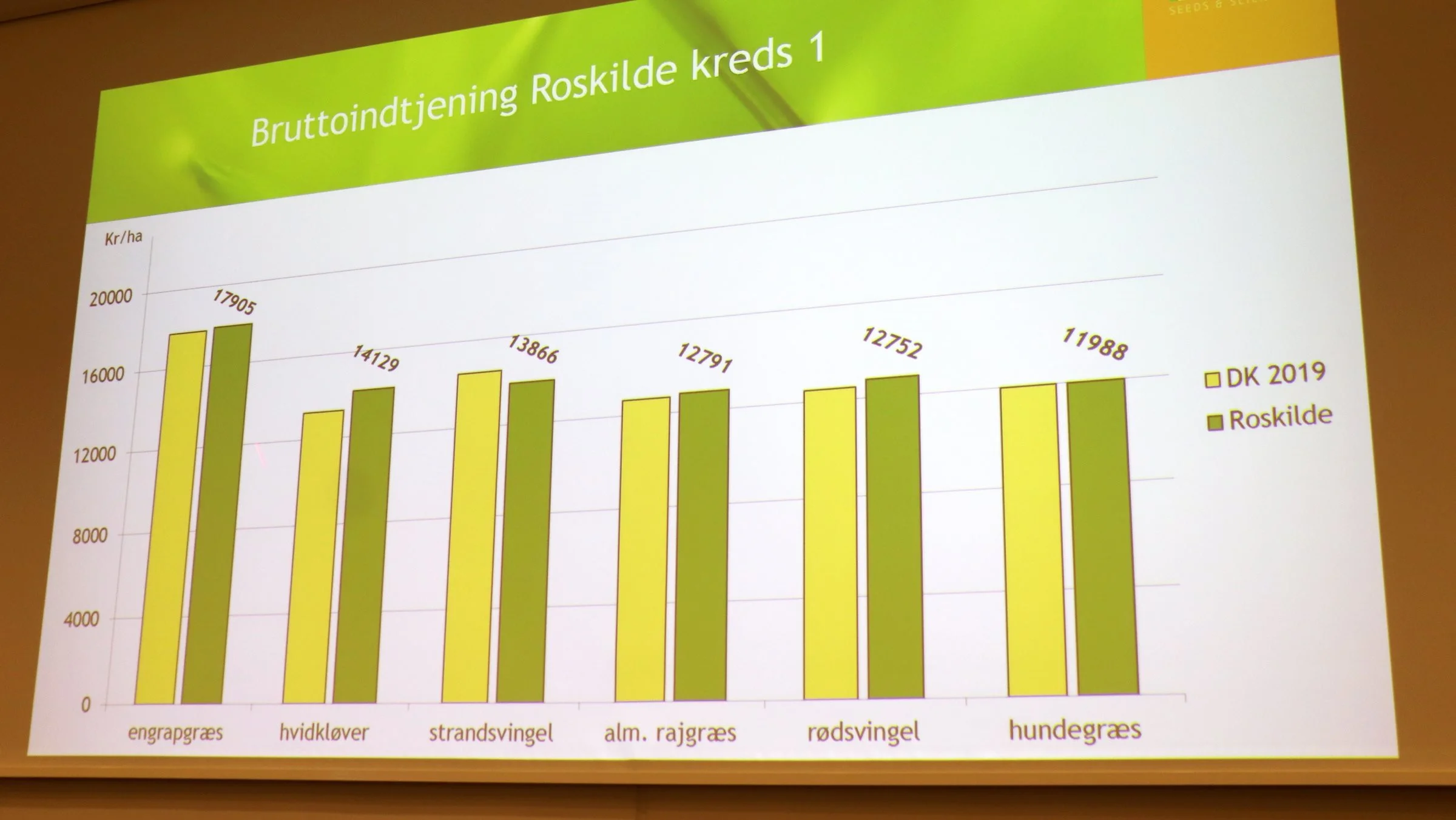 Bruttoindtjeningen i kroner for græsfrø både for DLF-avlerne på landsplan (gule søjler) og for avlerne i Roskilde-området (grønne søjler) toppes igen af engrapgræs.