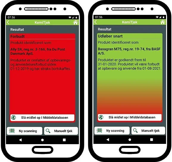 Venstre side: Skærmbillede fra KemiTjek ved scanning af etiketten for Ally SX med reg.nr. 3-166. Rød skærm betyder, at midlet bliver forbudt inden for en angiven periode, mens mørkerød skærm (som her) betyder, at midlet allerede er forbudt og skal bortskaffes. Højre side: Basagran M75 scannet før 31. januar 2020 viser en skærm, som skifter farve fra grøn til rød. 