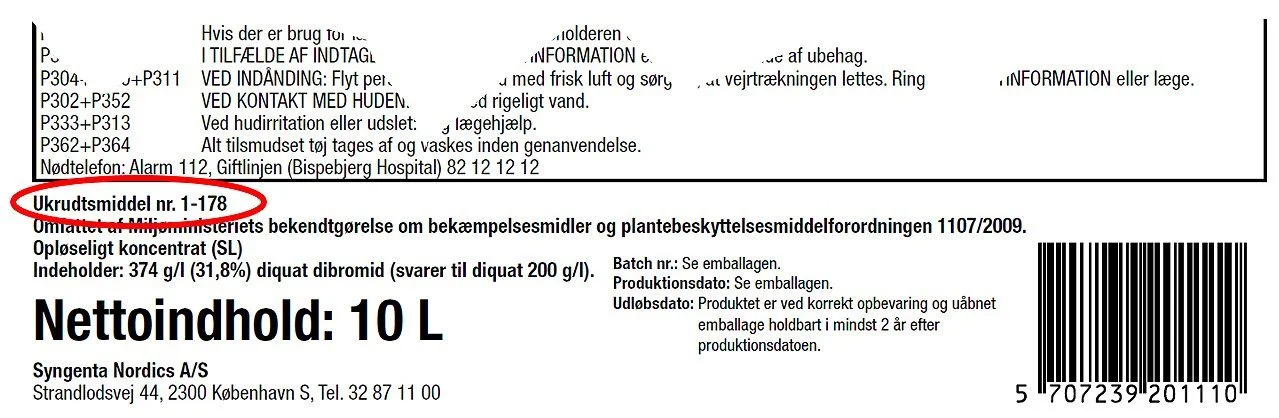 Udsnit af etiketten for ukrudtsmidlet Reglone, der bliver forbudt i 2020. Reglone fra Syngenta har registreringsnummeret 1-178.