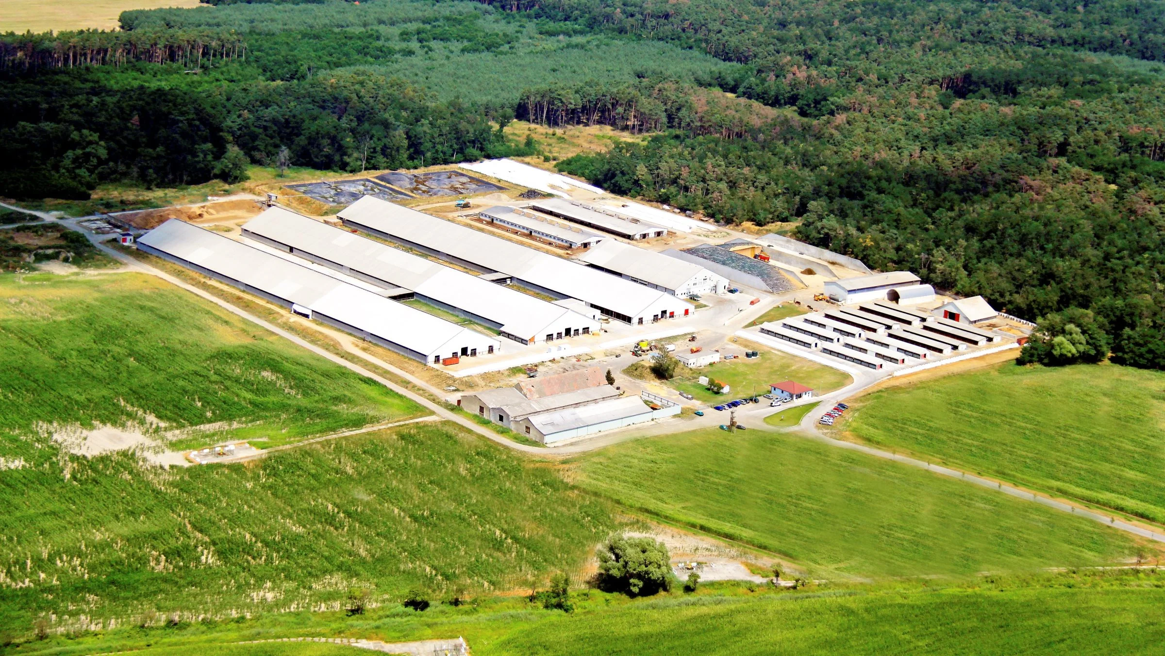 Luftfoto af et af FirstFarms moderne svinestald-anlæg i Slovakiet. Foto: Anders Nørgaard.