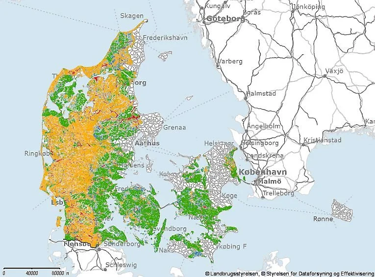 Sådan så potentialekortet ud i oktober. Grøn viser de egnede arealer. De orange er de potentielt egnede. Rød er ikke egnede. Foto: Miljøgis