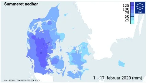 Summeret nedbør over hele landet siden 1. februar 2020. Kilde: DMI