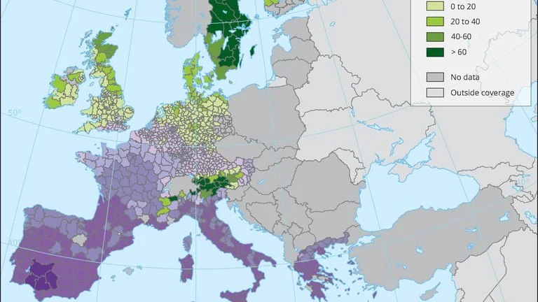 De kommende årtiers klimaændringer vil kunne forventes af få priserne på landbrugsjord til at stige i de grønne områder og falde i de violette områder. Kilde: EUs Europæiske Miljøagentur, København.