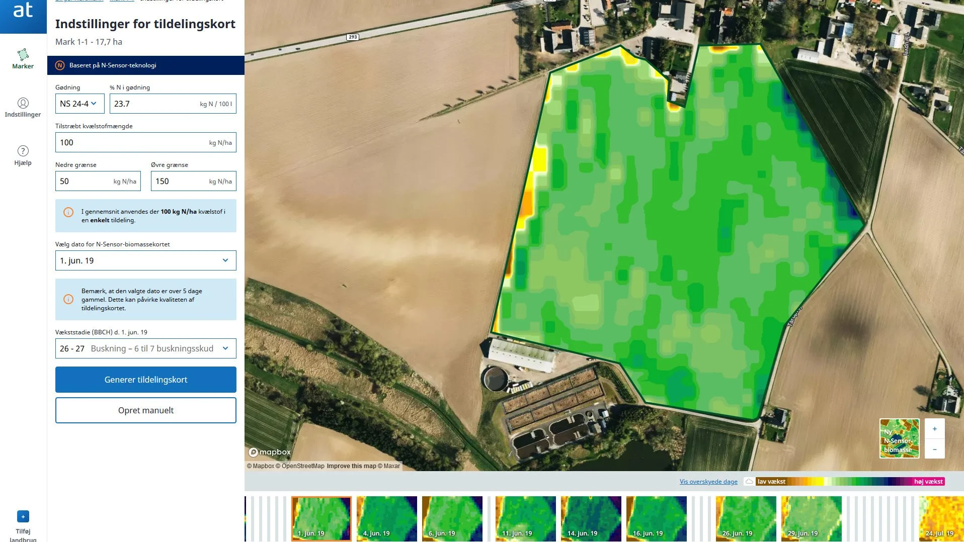 Gødningstildeling i Atfarm baseret på N-sensor biomasse.